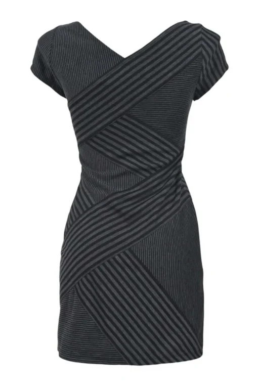 Black paneled stripe rayon-blend jersey knit criss-cross cap sleeve mini sheath dress