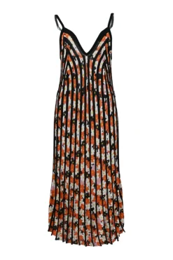 Black paneled viscose floral print fully-fashioned striped knit slip dress