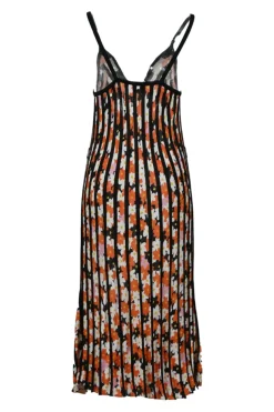Black paneled viscose floral print fully-fashioned striped knit slip dress