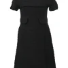 Black paneled wool-blend bouclé tweed short sleeve A-line dress with jet appliqué and apron-style skirt