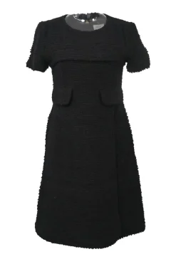 Black paneled wool-blend bouclé tweed short sleeve A-line dress with jet appliqué and apron-style skirt