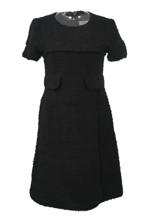 Black paneled wool-blend bouclé tweed short sleeve A-line dress with jet appliqué and apron-style skirt