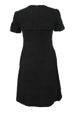 Black paneled wool-blend bouclé tweed short sleeve A-line dress with jet appliqué and apron-style skirt