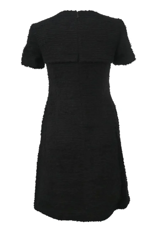 Black paneled wool-blend bouclé tweed short sleeve A-line dress with jet appliqué and apron-style skirt