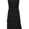 Black paneled wool-blend eyelet floral sleeveless A-line knee-length dress
