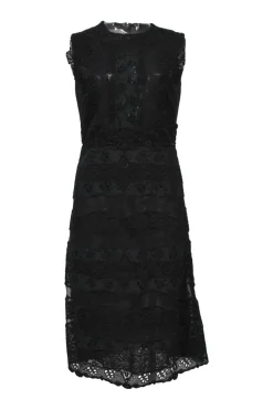 Black paneled wool-blend eyelet floral sleeveless A-line knee-length dress