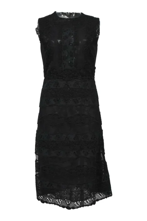 Black paneled wool-blend eyelet floral sleeveless A-line knee-length dress