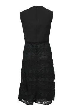 Black paneled wool-blend eyelet floral sleeveless A-line knee-length dress