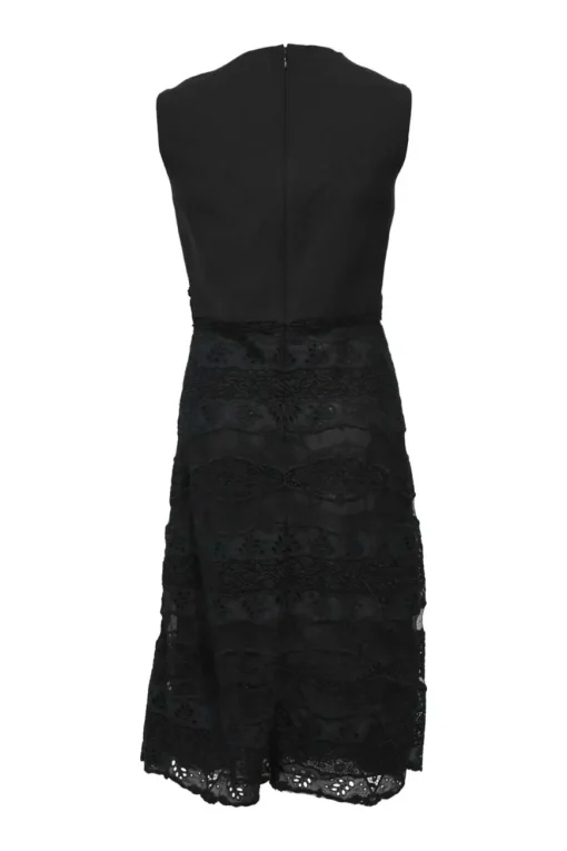 Black paneled wool-blend eyelet floral sleeveless A-line knee-length dress