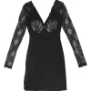 Black paneled wool-blend scalloped leaver lace plunge neck peek-a-boo mini dress