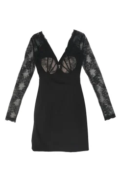 Black paneled wool-blend scalloped leaver lace plunge neck peek-a-boo mini dress