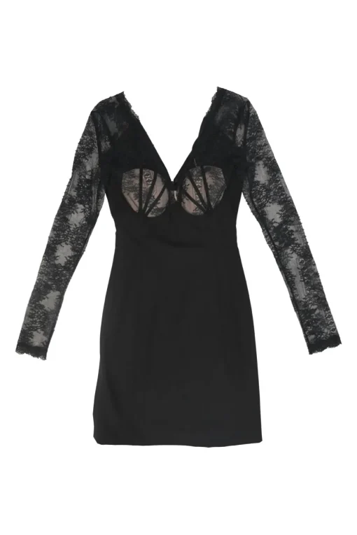 Black paneled wool-blend scalloped leaver lace plunge neck peek-a-boo mini dress