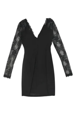 Black paneled wool-blend scalloped leaver lace plunge neck peek-a-boo mini dress