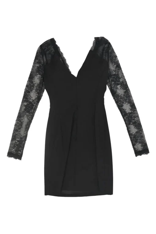 Black paneled wool-blend scalloped leaver lace plunge neck peek-a-boo mini dress