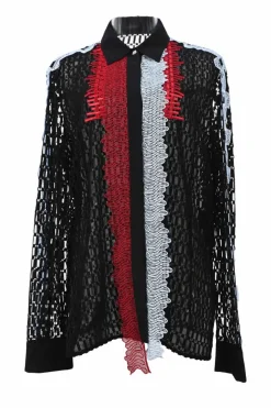 Black panelled cotton-blend lace point collar shirt with contrasting lace appliqué details