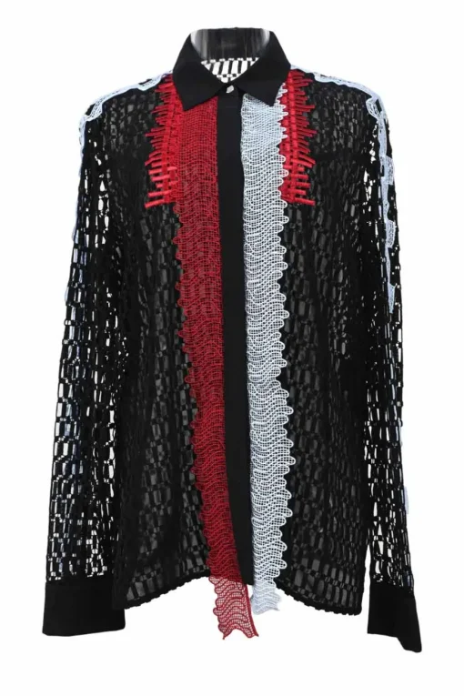 Black panelled cotton-blend lace point collar shirt with contrasting lace appliqué details
