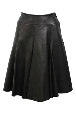 Black panelled leather high-waisted A-line swing skirt