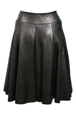 Black panelled leather high-waisted A-line swing skirt