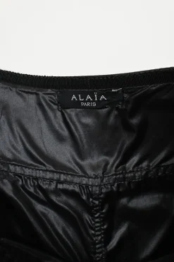Black panelled leather high-waisted A-line swing skirt