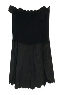 Black pinked edge strapless skater dress with smocked bodice and unfinished raw edges
