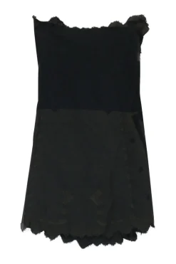 Black pinked edge strapless skater dress with smocked bodice and unfinished raw edges