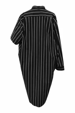 Black pinstripe cotton poplin band collar half-button asymmetric popover shift dress
