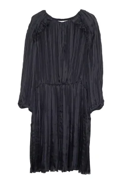 Black pleated silk full length puff sleeve knee-length dress