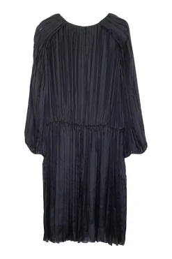 Black pleated silk full length puff sleeve knee-length dress
