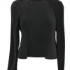 Black plissé polyester portrait collar ruffle-trimmed long-sleeve top