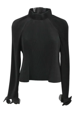 Black plissé polyester portrait collar ruffle-trimmed long-sleeve top