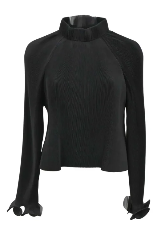 Black plissé polyester portrait collar ruffle-trimmed long-sleeve top