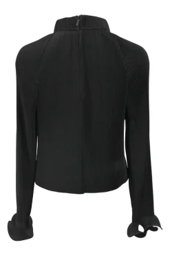 Black plissé polyester portrait collar ruffle-trimmed long-sleeve top