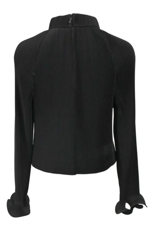 Black plissé polyester portrait collar ruffle-trimmed long-sleeve top