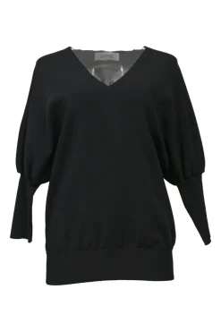 Black plunge neck dolman sleeve pullover knit blouse