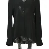 Black plunge neck pussy-bow blouse