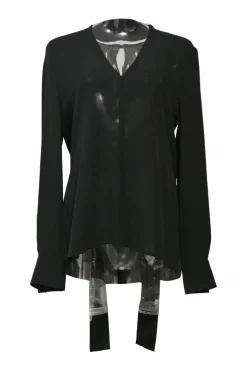 Black plunge neck pussy-bow blouse