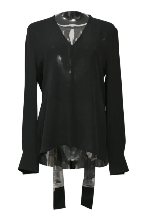 Black plunge neck pussy-bow blouse