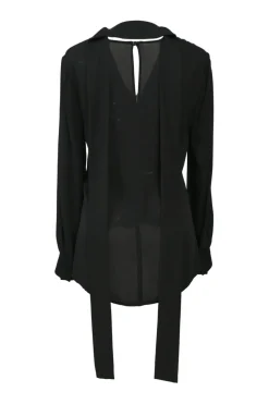 Black plunge neck pussy-bow blouse