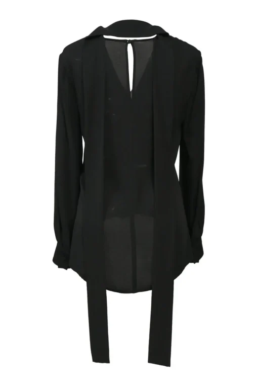 Black plunge neck pussy-bow blouse