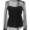 Black point d'esprit tulle overlay illusion tie neck blouse with camisole