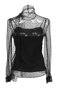 Black point d'esprit tulle overlay illusion tie neck blouse with camisole