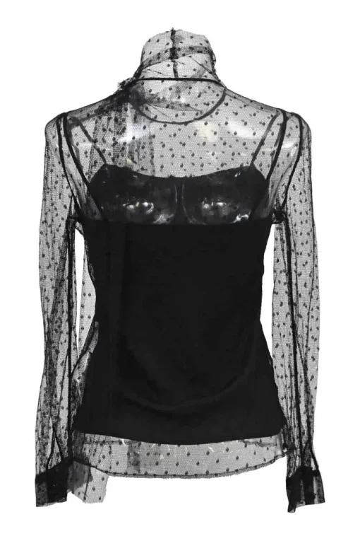 Black point d'esprit tulle overlay illusion tie neck blouse with camisole