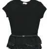 Black polyamide belted ruffle peplum cap sleeve top