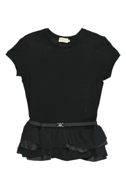 Black polyamide belted ruffle peplum cap sleeve top