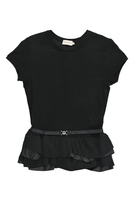 Black polyamide belted ruffle peplum cap sleeve top
