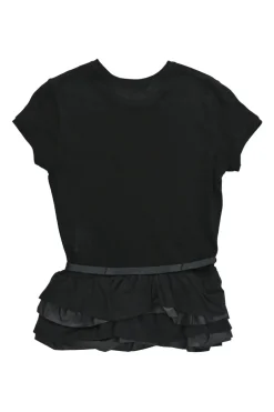 Black polyamide belted ruffle peplum cap sleeve top