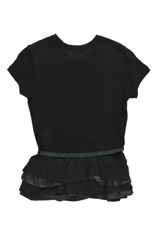 Black polyamide belted ruffle peplum cap sleeve top