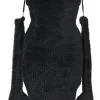 Black polyamide chenille shag knit fuzzy gloves strapless mini dress