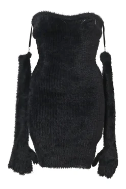 Black polyamide chenille shag knit fuzzy gloves strapless mini dress
