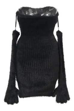 Black polyamide chenille shag knit fuzzy gloves strapless mini dress